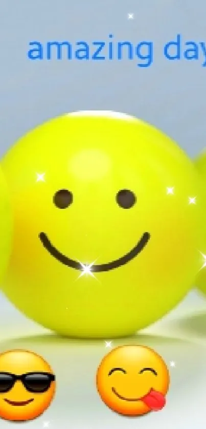 A series of yellow emoji balls expressing different emotions on a mobile wallpaper.