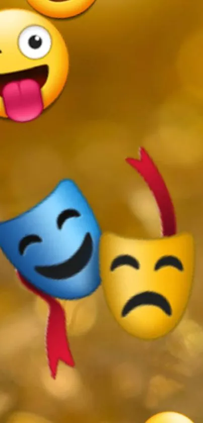 Vibrant gold wallpaper with colorful emojis and theater masks.