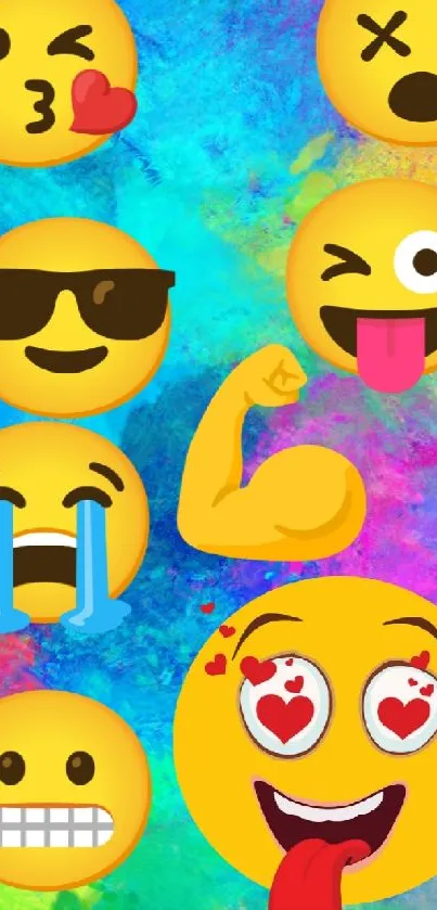 Vibrant emoji faces on a colorful background wallpaper.