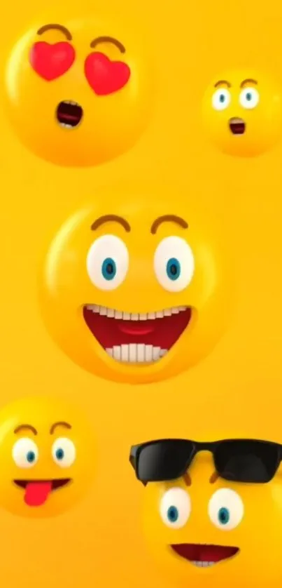 Vibrant yellow emoji wallpaper with smiley faces and heart eyes.