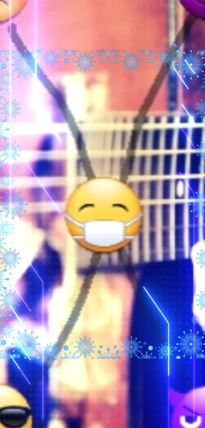 Colorful emoji guitar wallpaper with glowing effects.