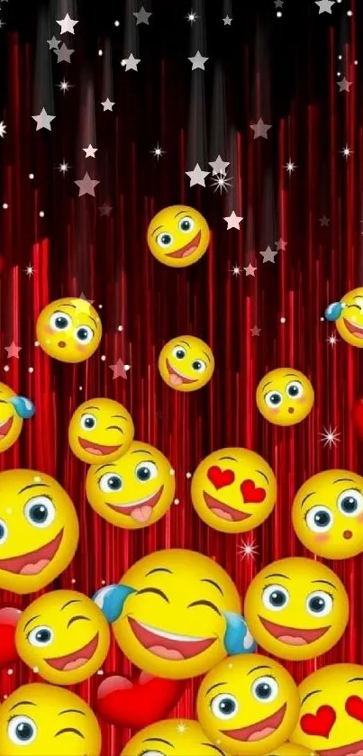 Colorful emoji hearts with stars on red-black background.