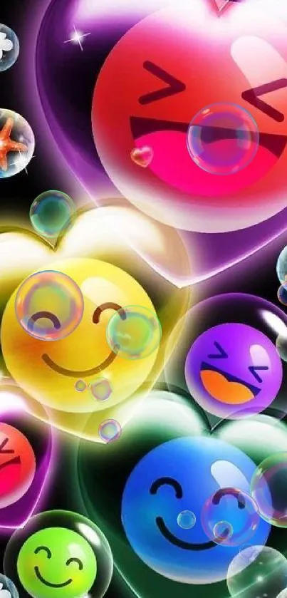 Vibrant heart emojis and bubbles on black background wallpaper.