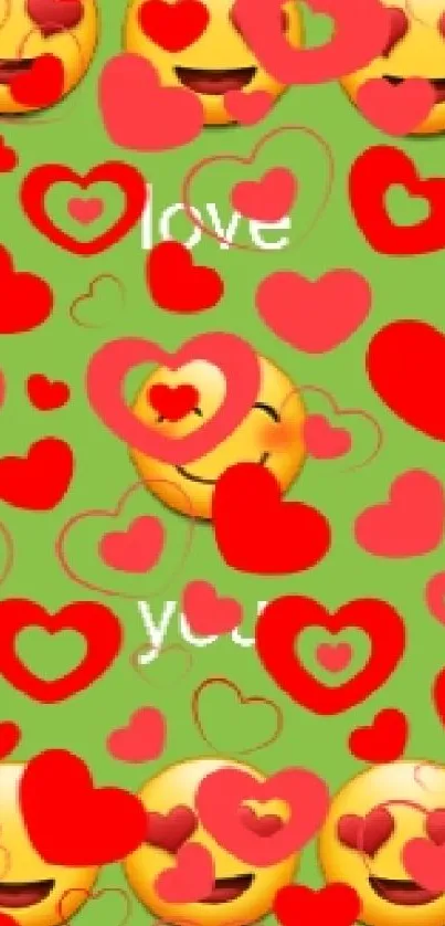 Vibrant phone wallpaper with emojis and red hearts on a green background.