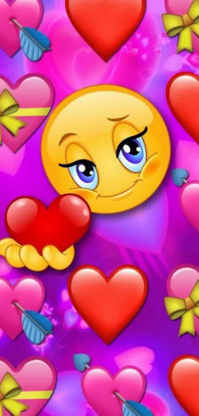 Colorful wallpaper with an emoji and hearts.