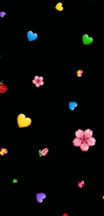 Colorful emoji hearts and flowers on black background.