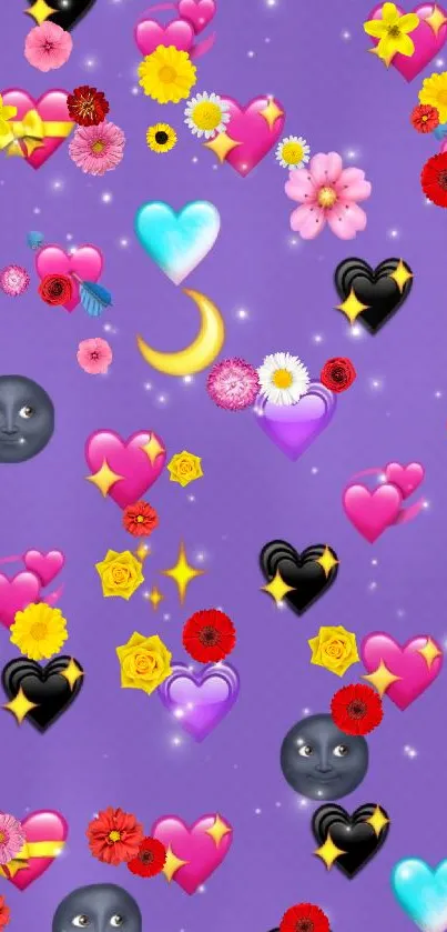 Colorful emoji wallpaper with hearts and stars on purple background.