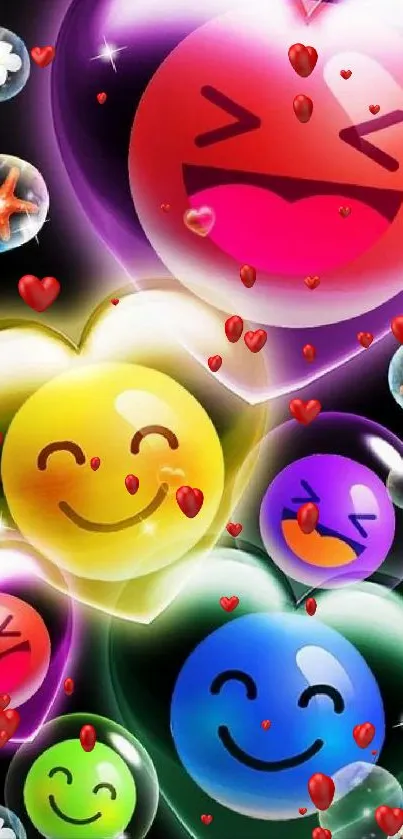 Colorful emoji hearts and bubbles design wallpaper.