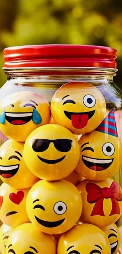 Jar filled with various playful emojis under a bright sunlit background.
