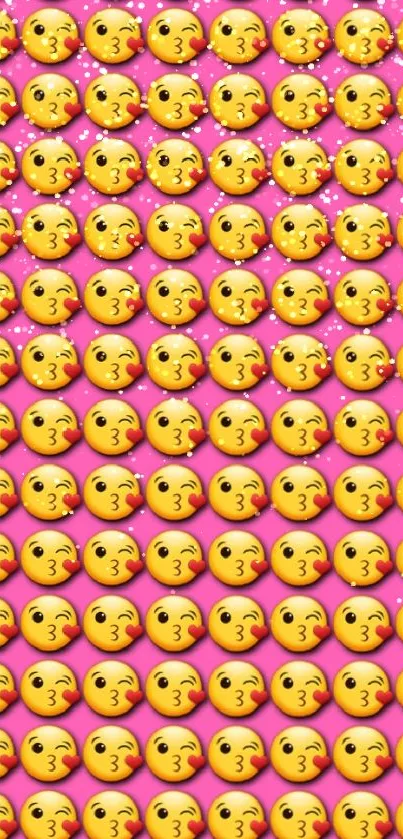 Colorful wallpaper with kiss emojis on a pink background.