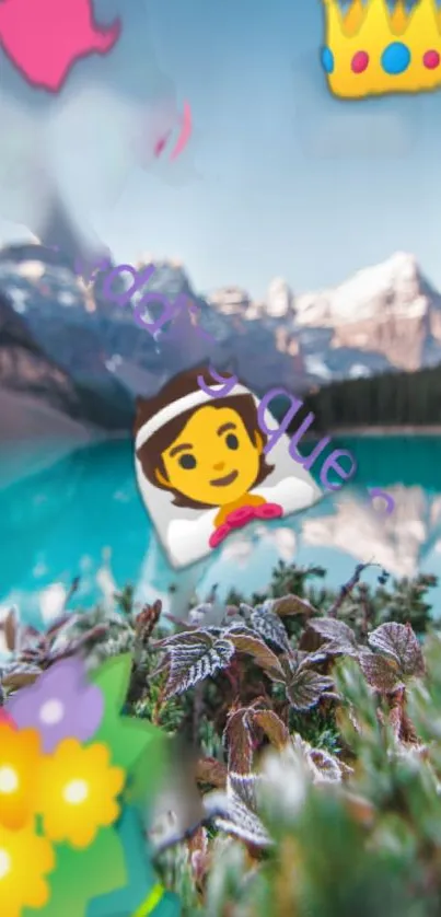 Colorful emojis overlaying a mountain lake scene.