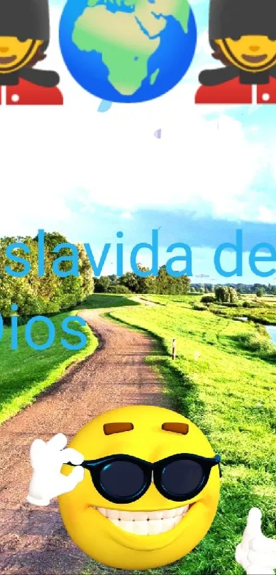 Cheerful emoji over green landscape on phone wallpaper.
