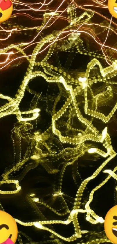 Playful abstract wallpaper with emojis and golden light swirls.