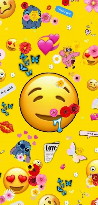 Vibrant yellow wallpaper with emojis and love motifs.