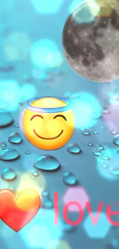 Emoji love wallpaper with droplets and moon in vibrant blue tones.