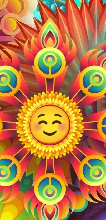 Colorful mandala wallpaper with smiling emoji.