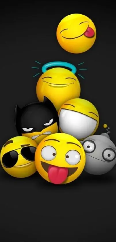 Colorful emoji wallpaper with diverse expressions on a dark background.