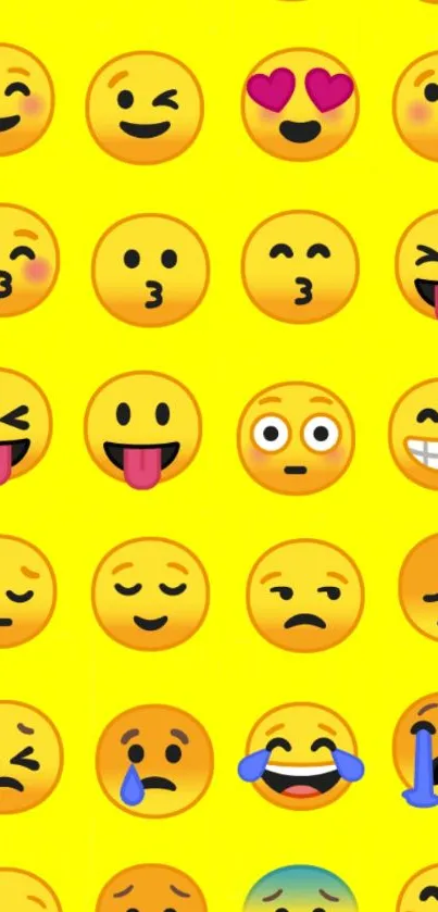 Colorful emoji pattern on yellow background wallpaper.