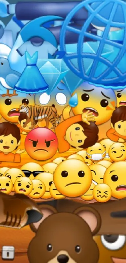 Vibrant wallpaper with expressive emojis over a sunset.