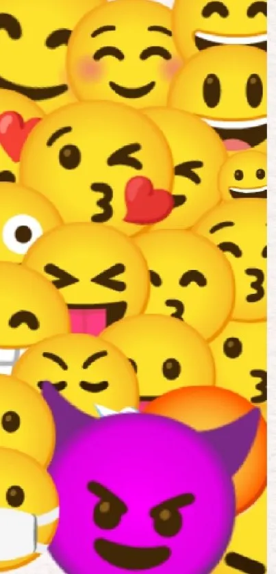 Vibrant emoji collage wallpaper with yellow and purple emojis for mobile screens.