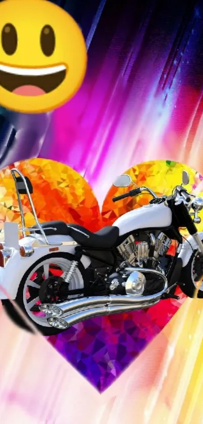 Motorcycle on colorful heart with rainbow background.