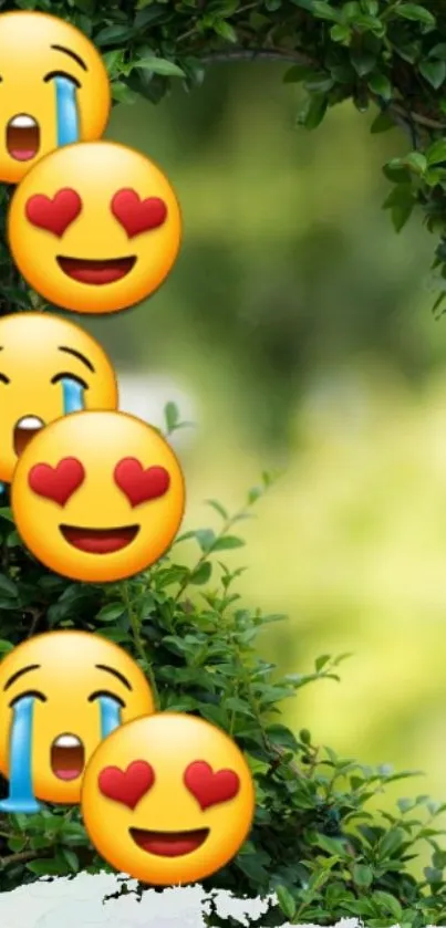 Colorful emoji wallpaper with green leaves.