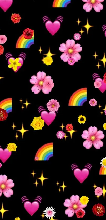 Colorful emoji pattern with black background.