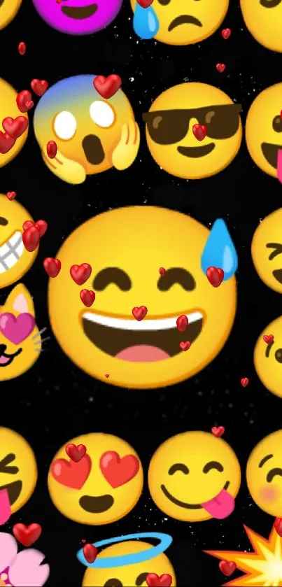 Colorful emoji wallpaper with hearts on a dark background.