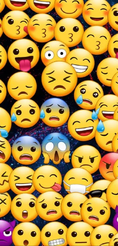 Colorful emoji faces over a dark, abstract blue background.