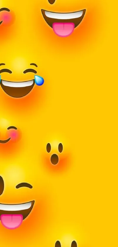 Vibrant yellow background with smiling emojis.