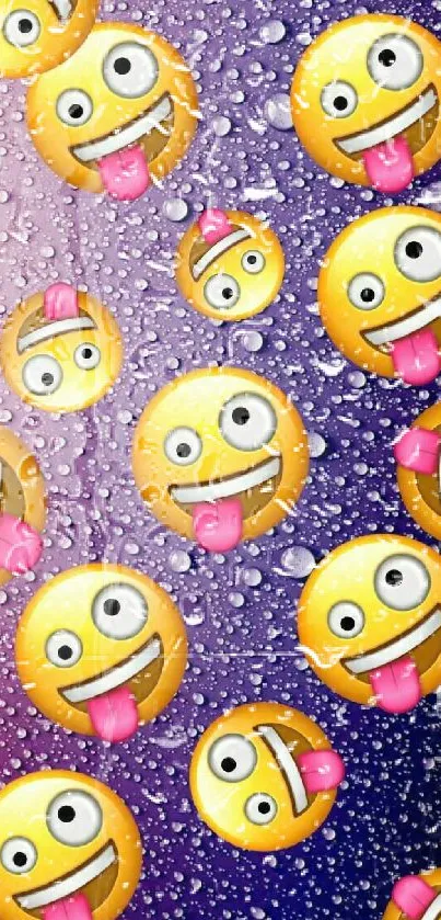 Playful emoji wallpaper with a purple background and water droplets.