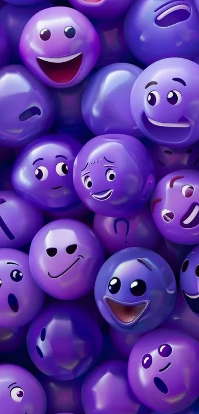 3D purple emojis wallpaper with various expressions.