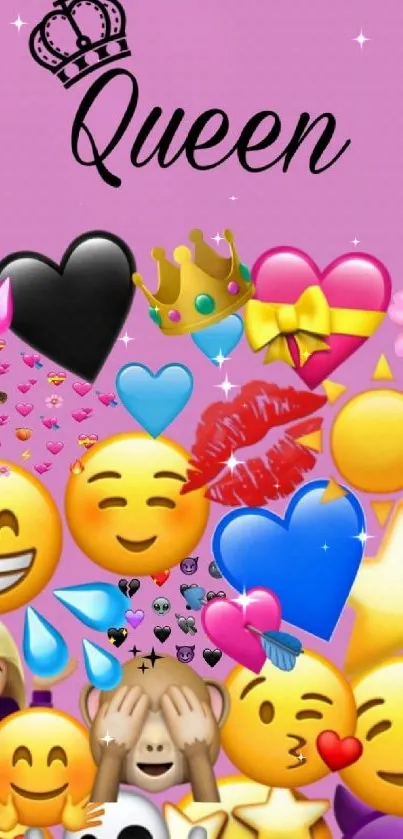 Playful emoji wallpaper with queen theme on pink background.