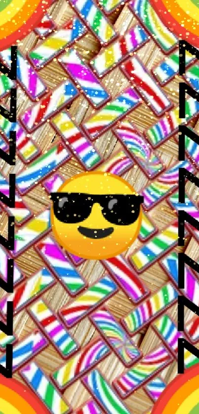 Colorful emoji rainbow wallpaper with sunglasses and Zzz patterns on a textured background.