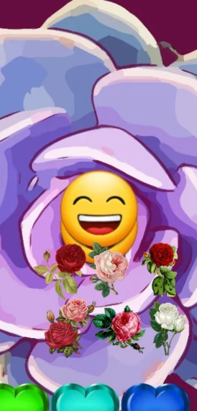 Smiling emoji within a purple rose with colorful flowers.