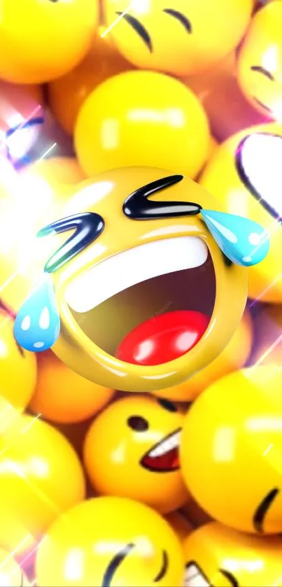 Bright yellow emoji wallpaper with various smiley faces and expressions.