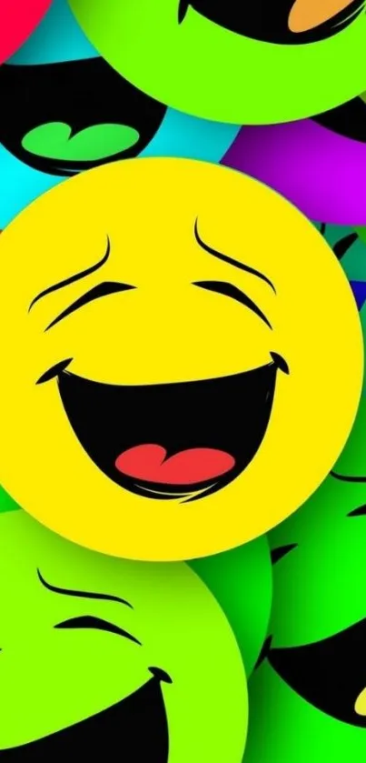 Vibrant, colorful emoji smile wallpaper with laughing faces.