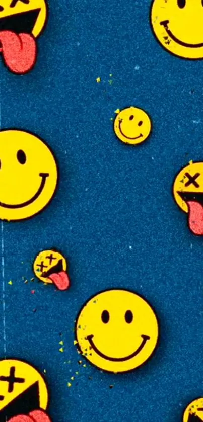 Vibrant smiley emoji wallpaper with a blue backdrop.