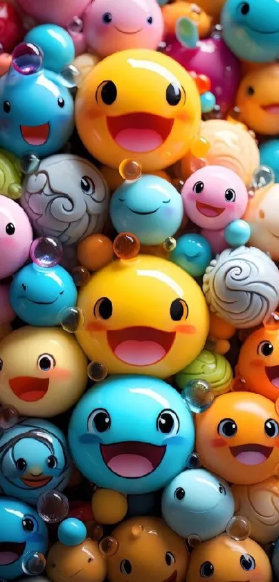 Colorful 3D emoji spheres wallpaper with vibrant smiley designs.