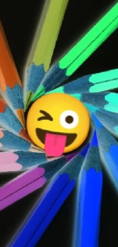 Vibrant pencils forming a spiral around a winking emoji on a black background.