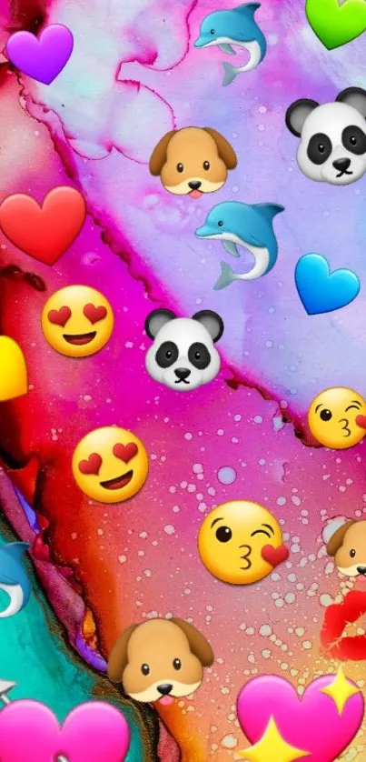 Vibrant wallpaper with emojis on a colorful abstract background.