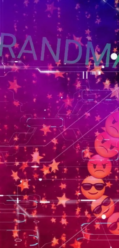 Vibrant purple wallpaper with emojis and stars.