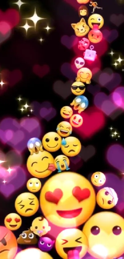 Vibrant emoji cascade on starry black background.