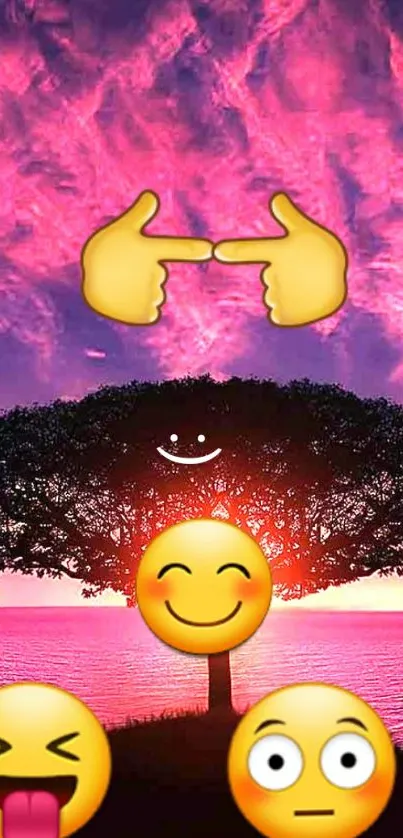 Tree silhouette with emojis at sunset.