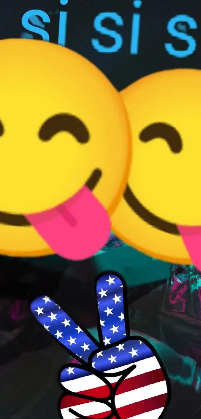 Bright emojis with peace sign on colorful wallpaper.