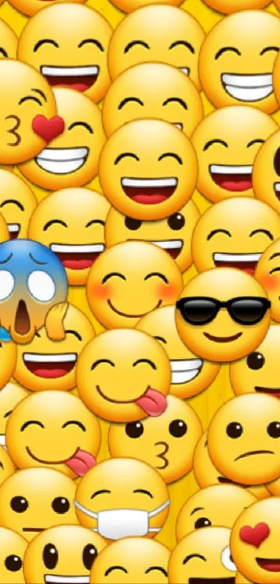 Vibrant yellow emoji wallpaper with various expressive faces.