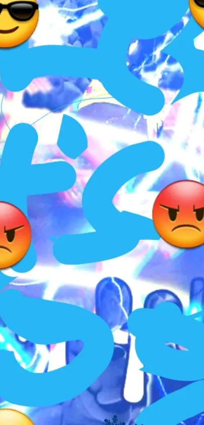 Vibrant mobile wallpaper with emojis and electric blue theme.