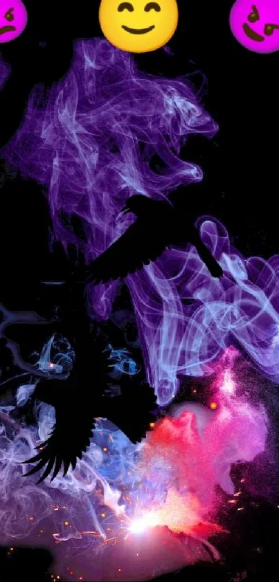 Abstract wallpaper with purple smoke, crows, and playful emojis.