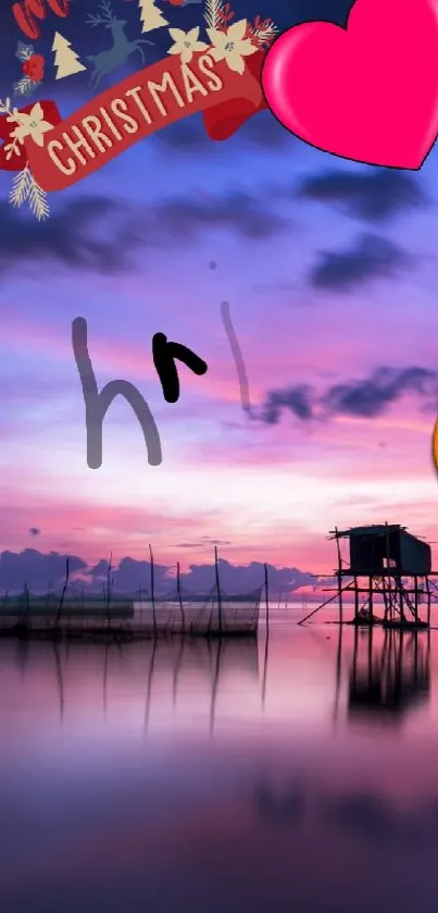 Ocean sunset with Christmas emojis and vibrant colors.