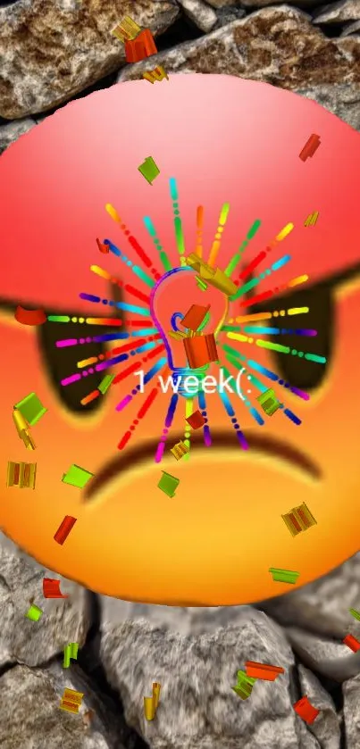 Angry emoji with colorful sparks on rocky background.
